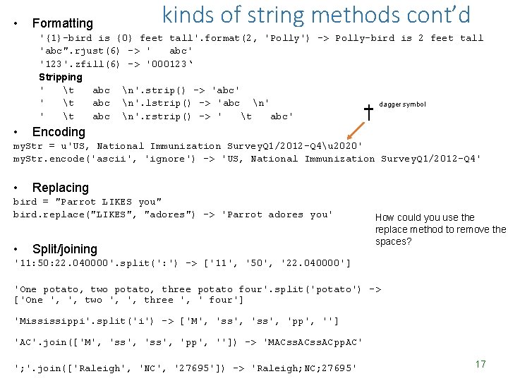 • Formatting kinds of string methods cont’d '{1}-bird is {0} feet tall'. format(2, • Formatting kinds of string methods cont’d '{1}-bird is {0} feet tall'. format(2,