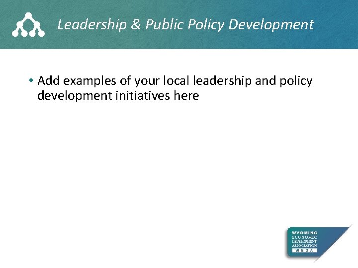 Leadership & Public Policy Development • Add examples of your local leadership and policy