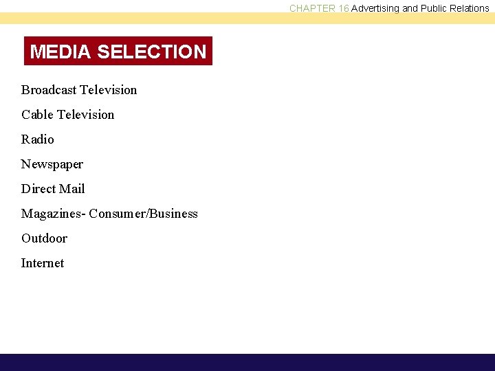 CHAPTER 16 Advertising and Public Relations MEDIA SELECTION Broadcast Television Cable Television Radio Newspaper