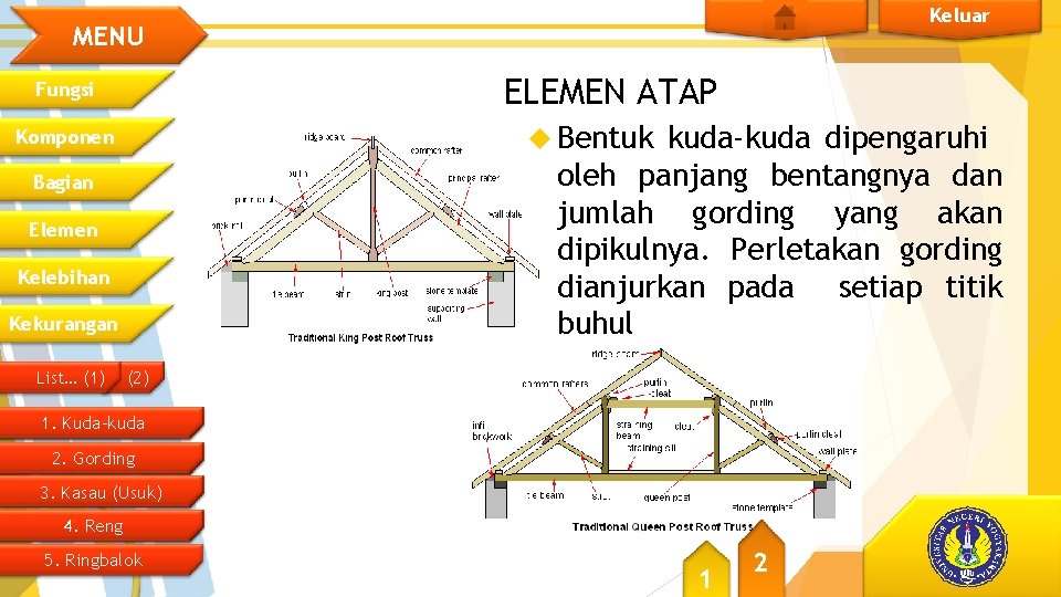 Keluar MENU ELEMEN ATAP Fungsi Bentuk kuda-kuda dipengaruhi oleh panjang bentangnya dan jumlah gording