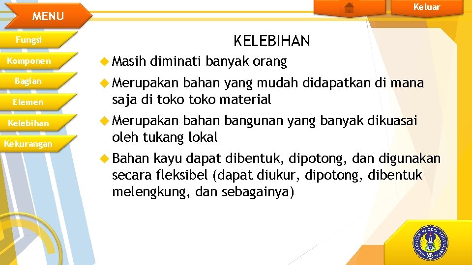 Keluar MENU KELEBIHAN Fungsi Komponen Bagian Elemen Kelebihan Kekurangan Masih diminati banyak orang Merupakan