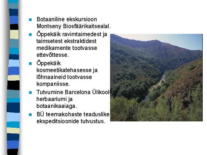 n n n Botaaniline ekskursioon Montseny Biosfäärikaitsealal. Õppekäik ravimtaimedest ja taimsetest ekstraktidest medikamente tootvasse