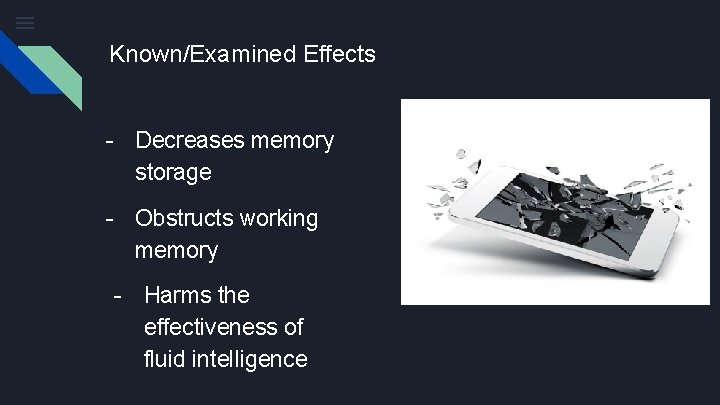 Known/Examined Effects - Decreases memory storage - Obstructs working memory - Harms the effectiveness