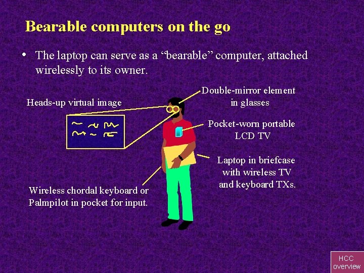 Bearable computers on the go • The laptop can serve as a “bearable” computer,