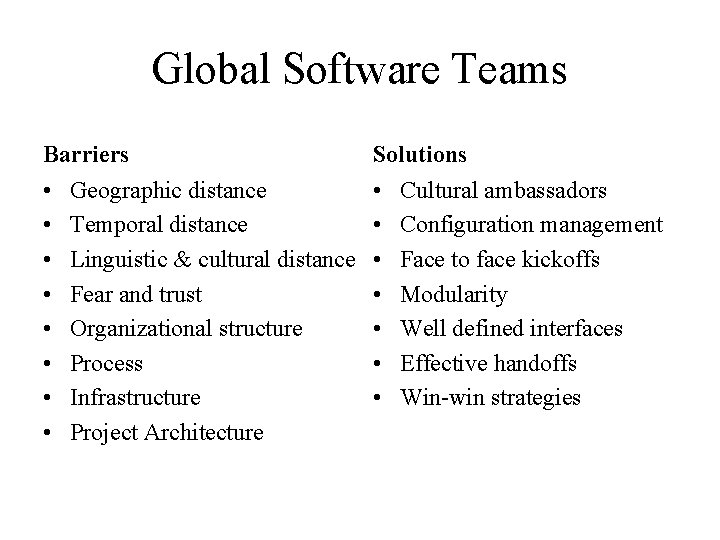 Global Software Teams Barriers • Geographic distance • Temporal distance • Linguistic & cultural