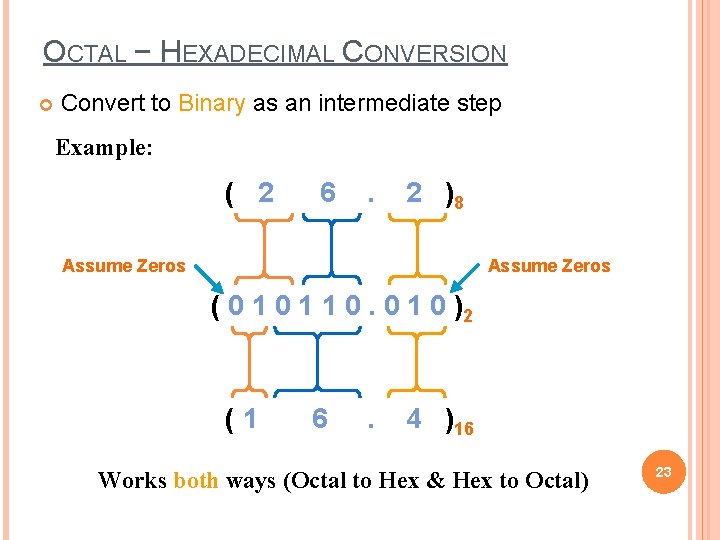 OCTAL − HEXADECIMAL CONVERSION Convert to Binary as an intermediate step Example: ( 2