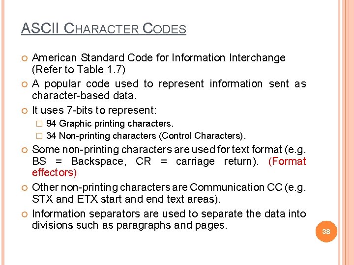 ASCII CHARACTER CODES American Standard Code for Information Interchange (Refer to Table 1. 7)