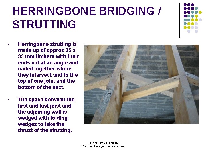 HERRINGBONE BRIDGING / STRUTTING • Herringbone strutting is made up of approx 35 mm