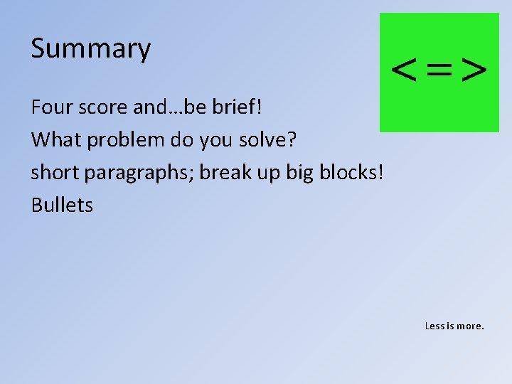 Summary Four score and…be brief! What problem do you solve? short paragraphs; break up