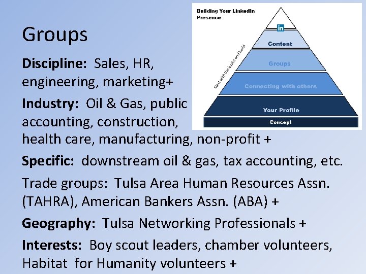 Groups Discipline: Sales, HR, engineering, marketing+ Industry: Oil & Gas, public accounting, construction, health