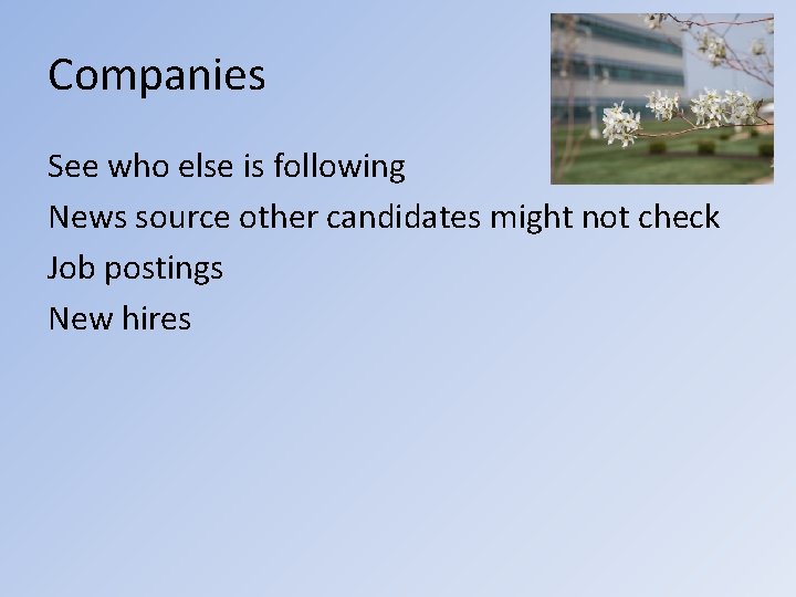 Companies See who else is following News source other candidates might not check Job