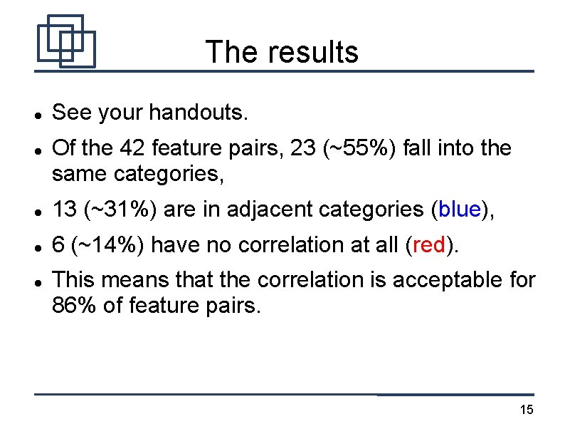 The results See your handouts. Of the 42 feature pairs, 23 (~55%) fall into