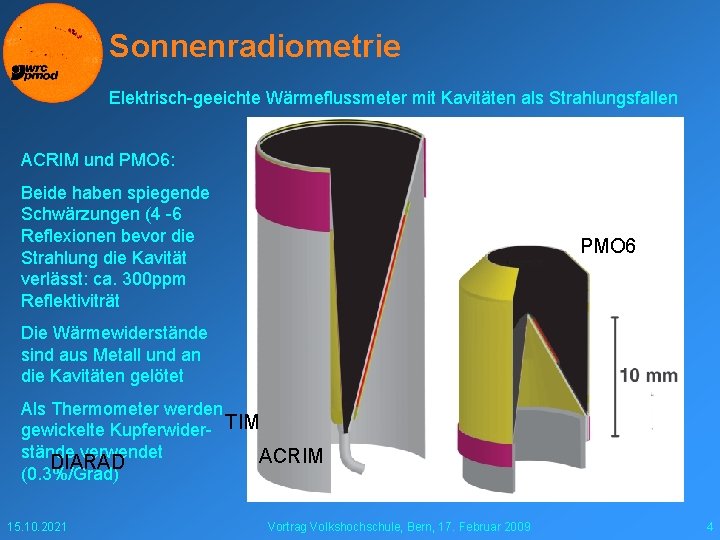 Sonnenradiometrie Elektrisch-geeichte Wärmeflussmeter mit Kavitäten als Strahlungsfallen ACRIM und PMO 6: Beide haben spiegende