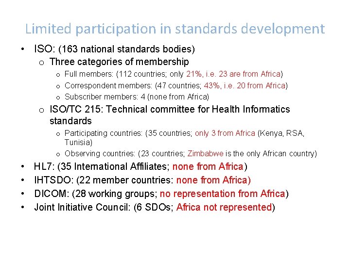 Limited participation in standards development • ISO: (163 national standards bodies) o Three categories