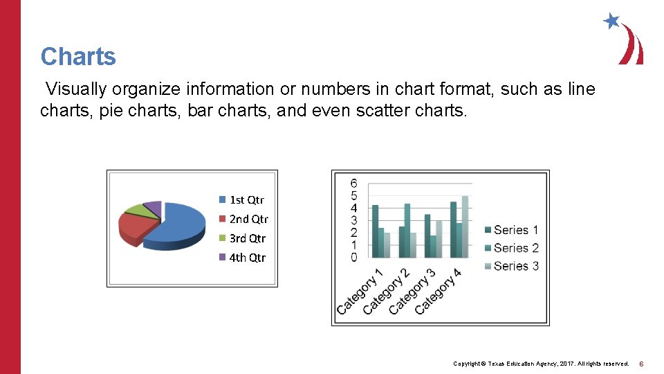 Charts Visually organize information or numbers in chart format, such as line charts, pie