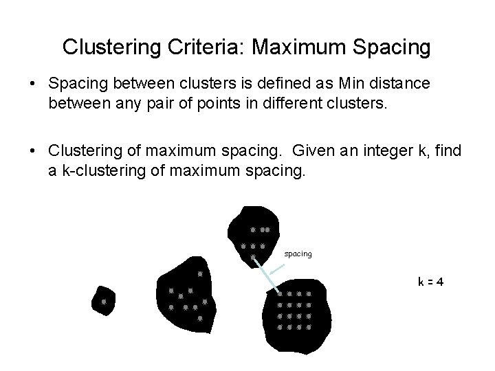 Clustering Criteria: Maximum Spacing • Spacing between clusters is defined as Min distance between