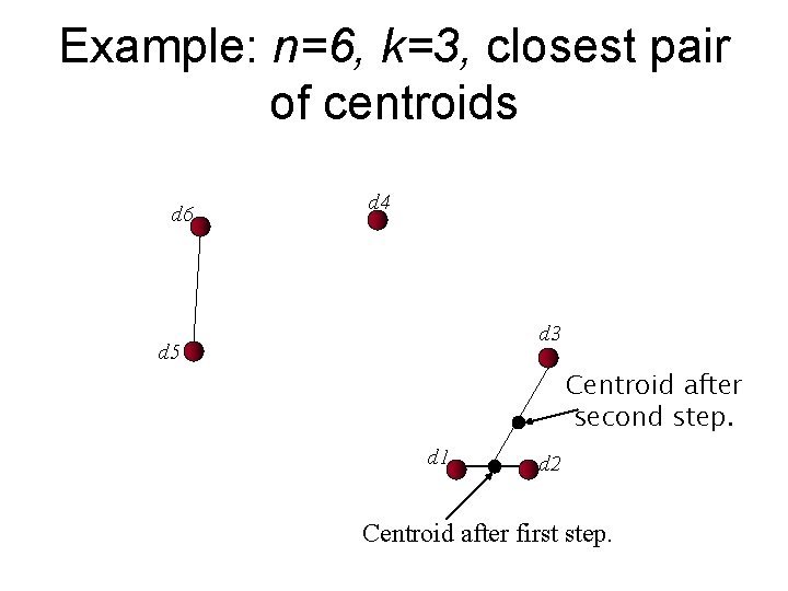 Example: n=6, k=3, closest pair of centroids d 6 d 4 d 3 d