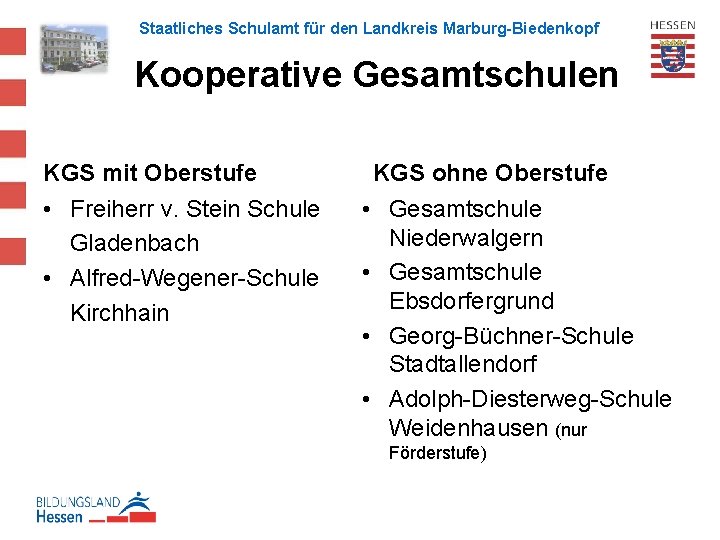 Staatliches Schulamt für den Landkreis Marburg-Biedenkopf Kooperative Gesamtschulen KGS mit Oberstufe • Freiherr v.