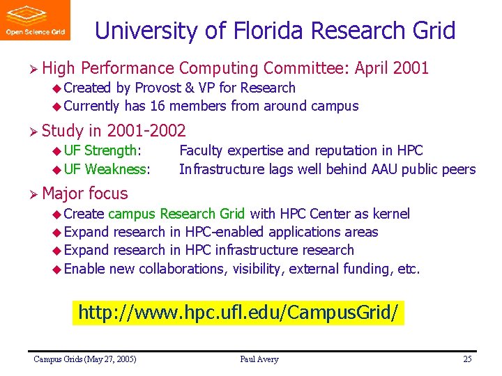 University of Florida Research Grid Ø High Performance Computing Committee: April 2001 u Created