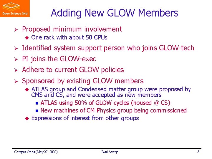 Adding New GLOW Members Ø Proposed minimum involvement u One rack with about 50