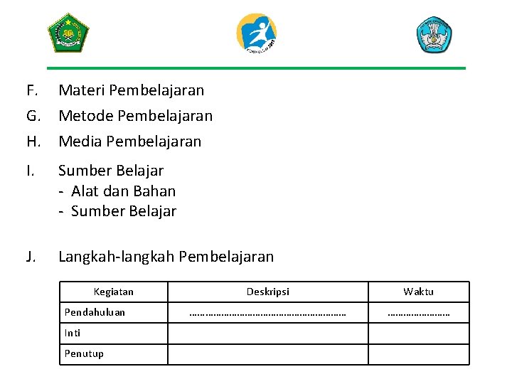 F. Materi Pembelajaran G. Metode Pembelajaran H. Media Pembelajaran I. Sumber Belajar - Alat