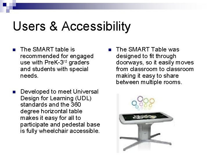 Users & Accessibility n The SMART table is recommended for engaged use with Pre.