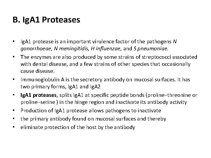 B. Ig. A 1 Proteases • Ig. A 1 protease is an important virulence