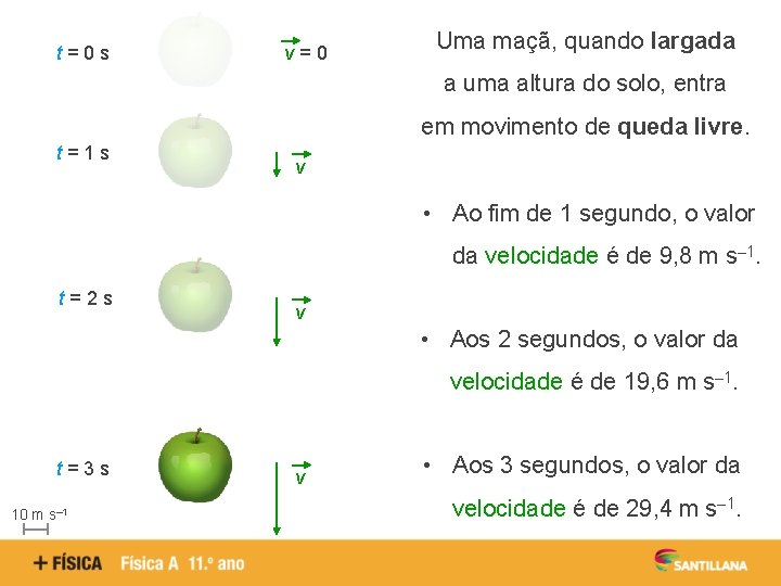 t=0 s v=0 Uma maçã, quando largada a uma altura do solo, entra em