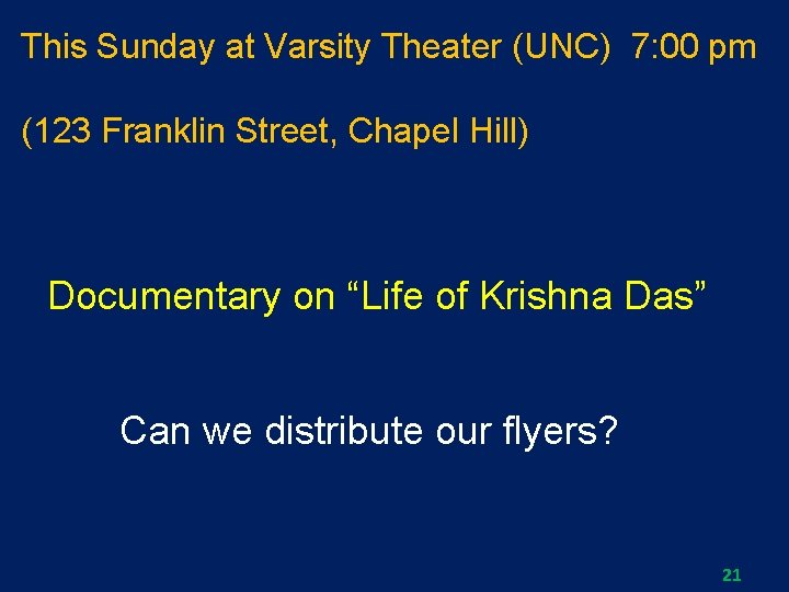 This Sunday at Varsity Theater (UNC) 7: 00 pm (123 Franklin Street, Chapel Hill)