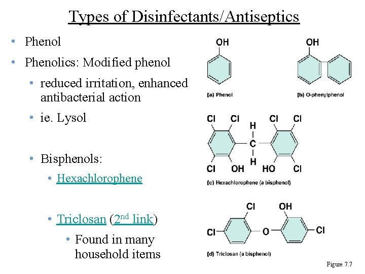 Types of Disinfectants/Antiseptics • Phenolics: Modified phenol • reduced irritation, enhanced antibacterial action •