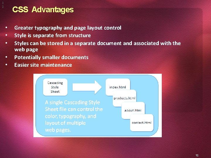 1 2 CSS Advantages • • • Greater typography and page layout control Style