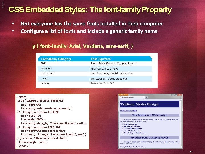 2 1 CSS Embedded Styles: The font-family Property • • Not everyone has the