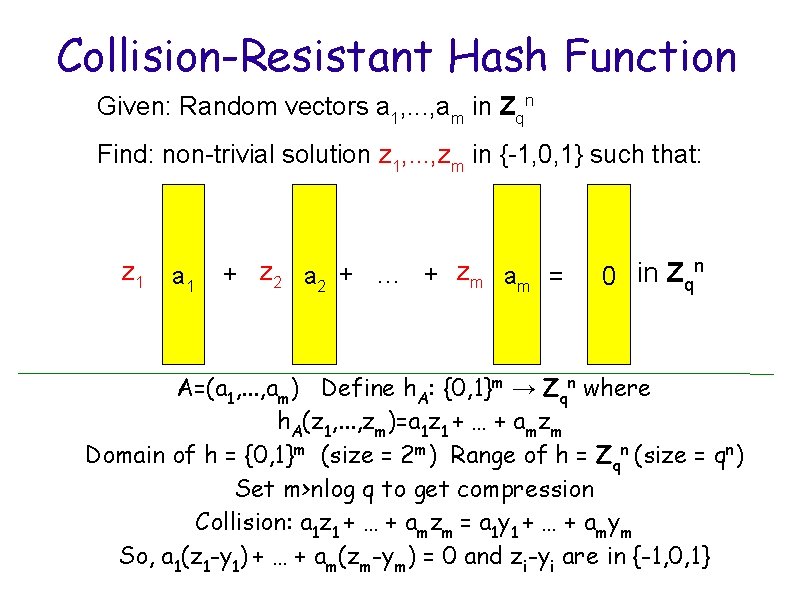 Collision-Resistant Hash Function Given: Random vectors a 1, . . . , am in