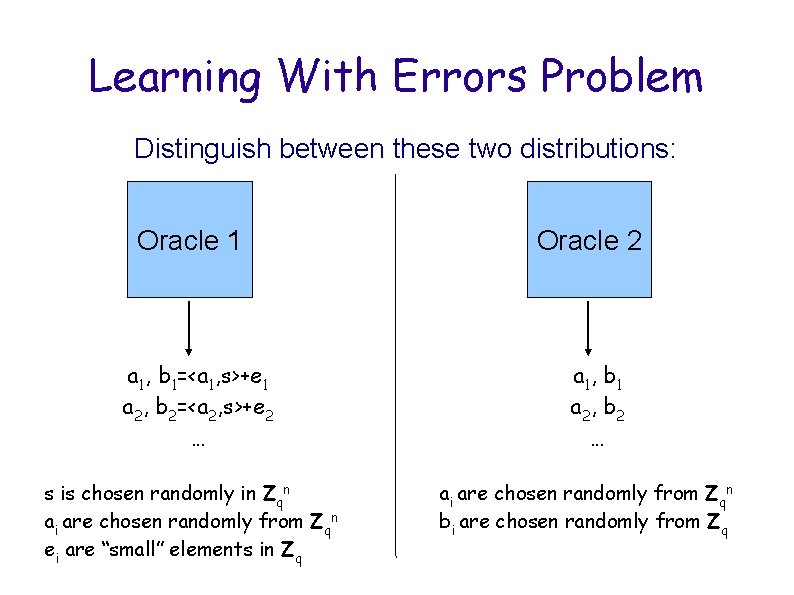 Learning With Errors Problem Distinguish between these two distributions: Oracle 1 a 1, b