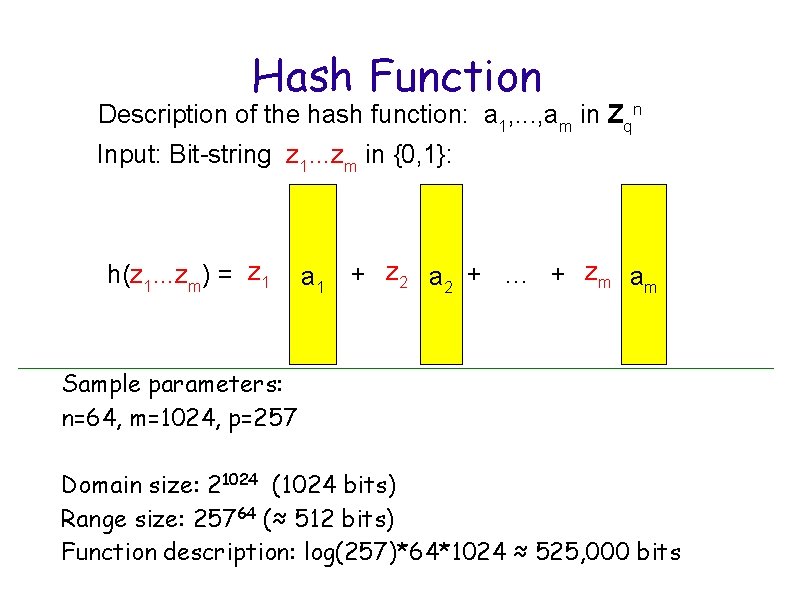Hash Function Description of the hash function: a 1, . . . , am