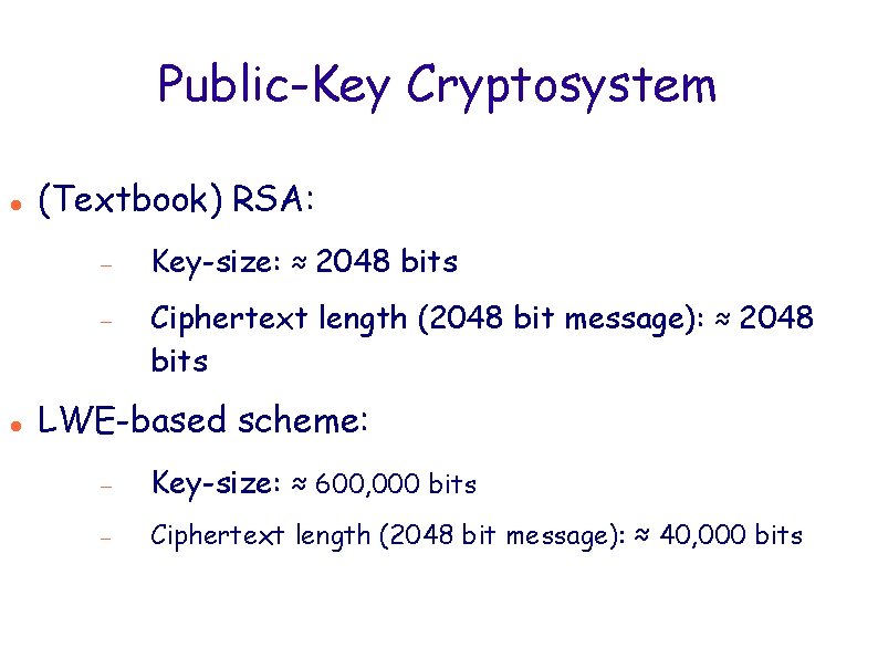 Public-Key Cryptosystem (Textbook) RSA: Key-size: ≈ 2048 bits Ciphertext length (2048 bit message): ≈