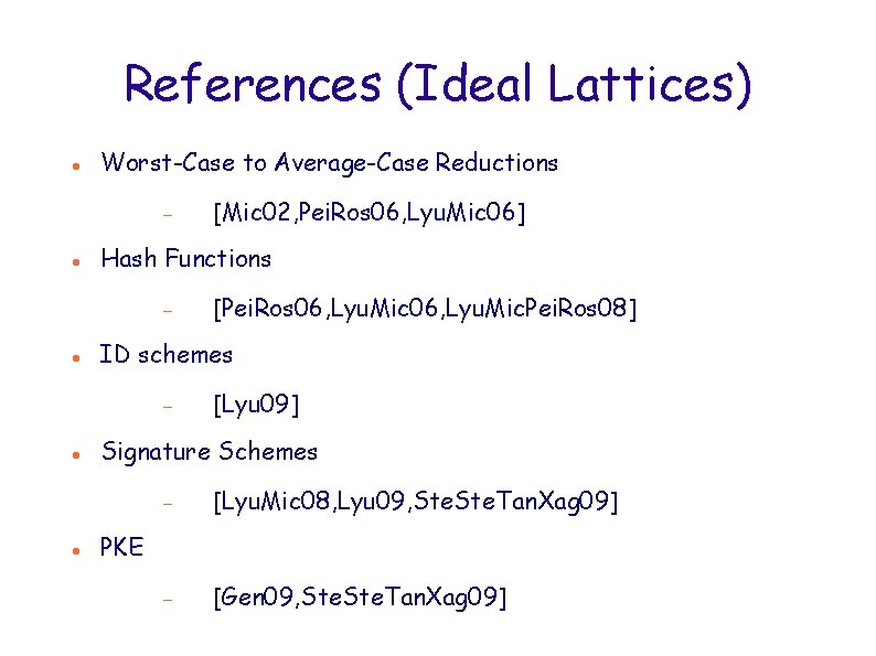 References (Ideal Lattices) Worst-Case to Average-Case Reductions Hash Functions [Pei. Ros 06, Lyu. Mic.