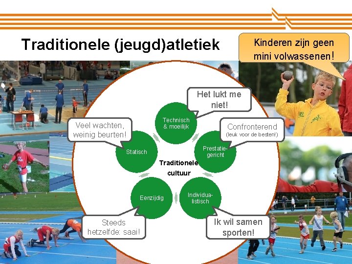 Traditionele (jeugd)atletiek Kinderen zijn geen mini volwassenen! Het lukt me niet! Technisch & moeilijk