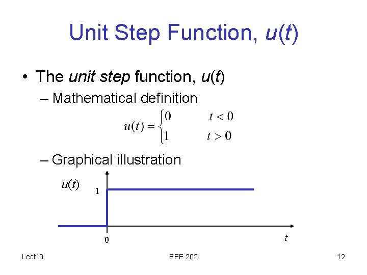Unit Step Function, u(t) • The unit step function, u(t) – Mathematical definition –