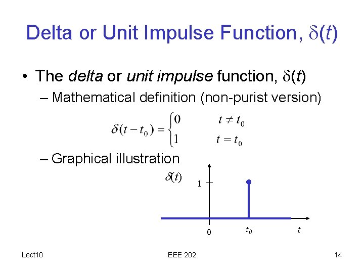 Delta or Unit Impulse Function, (t) • The delta or unit impulse function, (t)