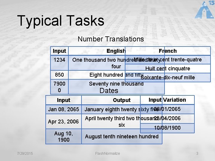 Typical Tasks Number Translations Input 1234 English Mille One thousand two hundred anddeux thirtycent