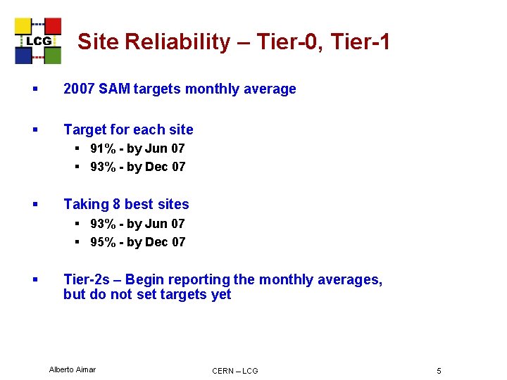 Site Reliability – Tier-0, Tier-1 § 2007 SAM targets monthly average § Target for