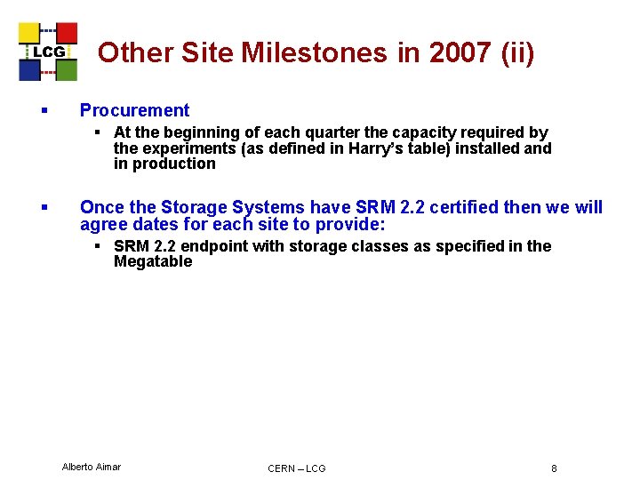 Other Site Milestones in 2007 (ii) § Procurement § At the beginning of each