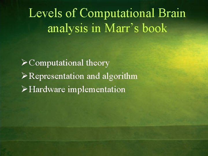 Levels of Computational Brain analysis in Marr’s book Ø Computational theory Ø Representation and