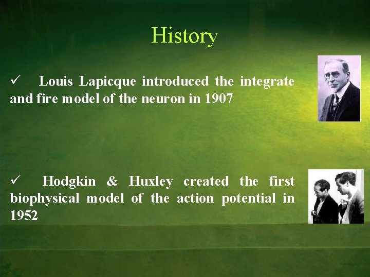 History ü Louis Lapicque introduced the integrate and fire model of the neuron in