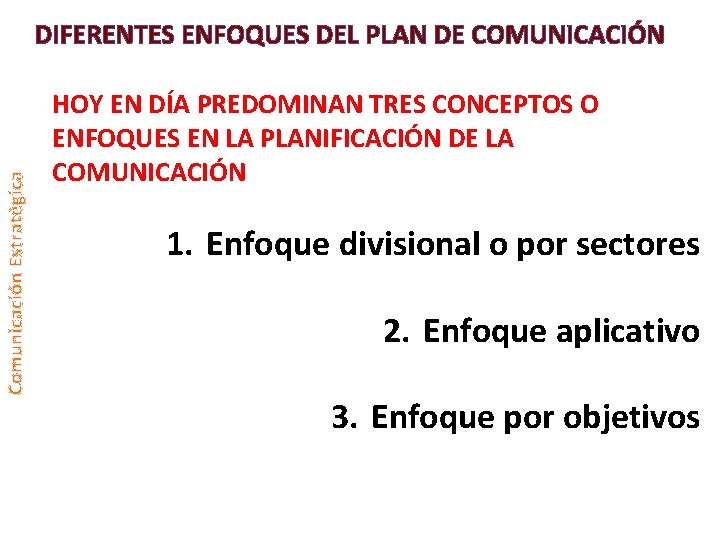 Comunicación Estratégica DIFERENTES ENFOQUES DEL PLAN DE COMUNICACIÓN HOY EN DÍA PREDOMINAN TRES CONCEPTOS