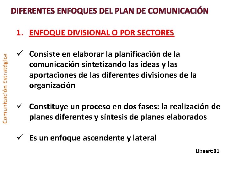 DIFERENTES ENFOQUES DEL PLAN DE COMUNICACIÓN Comunicación Estratégica 1. ENFOQUE DIVISIONAL O POR SECTORES