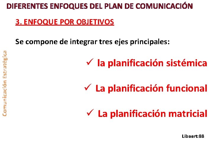 DIFERENTES ENFOQUES DEL PLAN DE COMUNICACIÓN 3. ENFOQUE POR OBJETIVOS Comunicación Estratégica Se compone