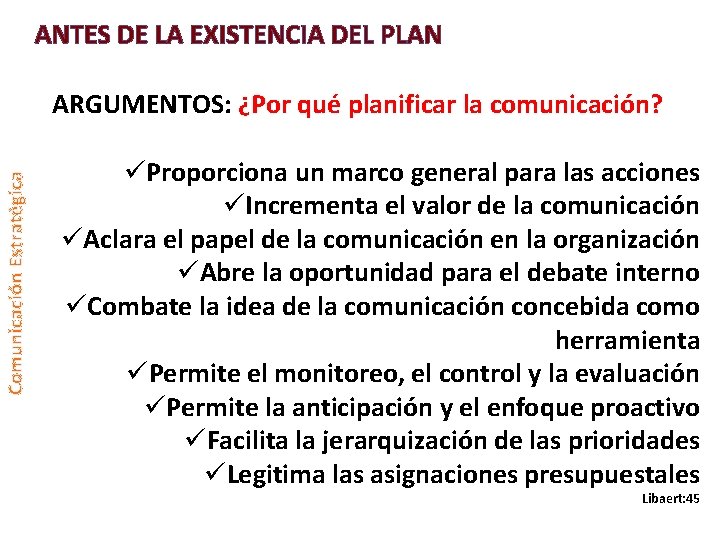 ANTES DE LA EXISTENCIA DEL PLAN Comunicación Estratégica ARGUMENTOS: ¿Por qué planificar la comunicación?