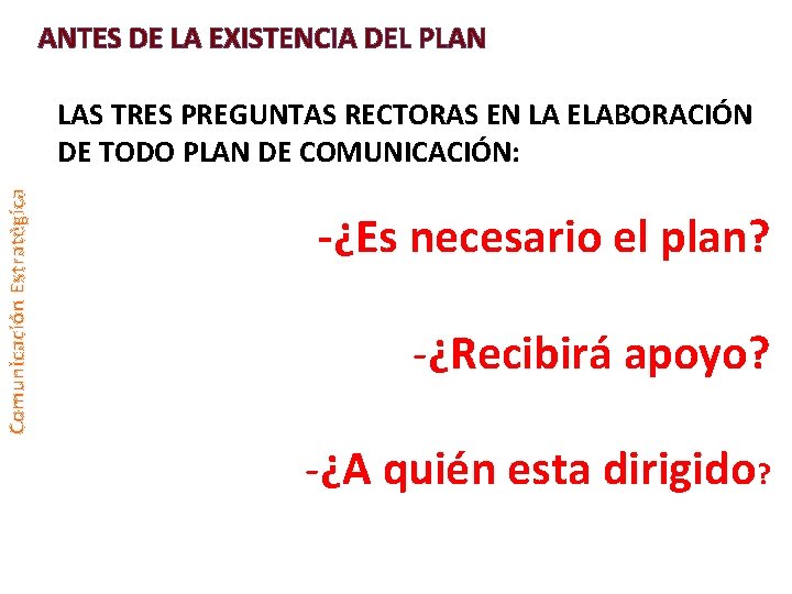 ANTES DE LA EXISTENCIA DEL PLAN Comunicación Estratégica LAS TRES PREGUNTAS RECTORAS EN LA